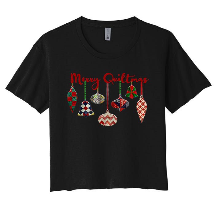 Funny Merry Quiltmas Quilting Christmas Ornament Sewing Women's Crop Top Tee