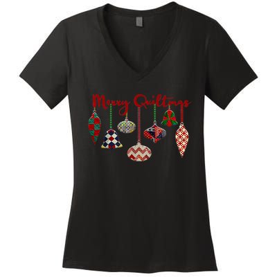 Funny Merry Quiltmas Quilting Christmas Ornament Sewing Women's V-Neck T-Shirt