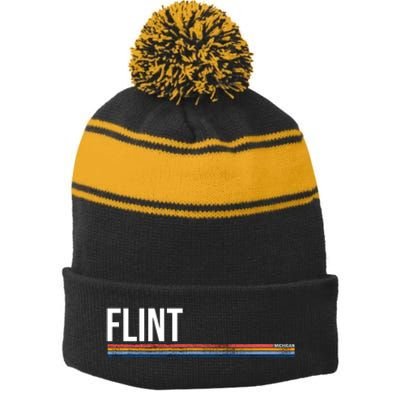 Flint Michigan Retro Stripe Pom Pom Beanie