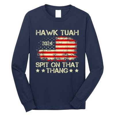 Funny Meme Retro American Flag Hawk Tuah 24 Spit On That Thang Gift Long Sleeve Shirt