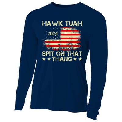 Funny Meme Retro American Flag Hawk Tuah 24 Spit On That Thang Gift Cooling Performance Long Sleeve Crew