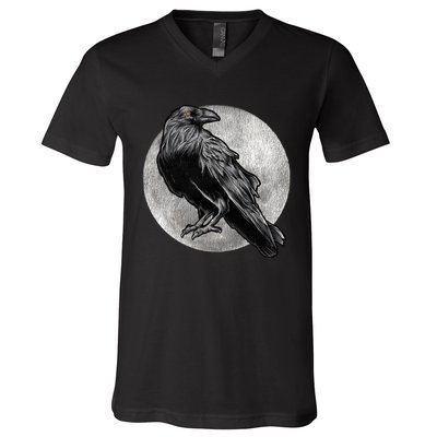 Full Moon Raven Bird Gift Scary Crow V-Neck T-Shirt