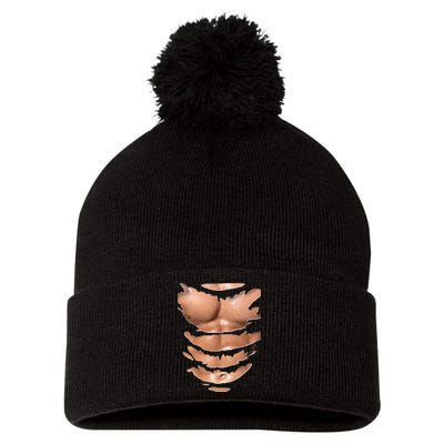 Fake Muscles Ripped Torn Chest Six Pack Abs Fitness Model Pom Pom 12in Knit Beanie