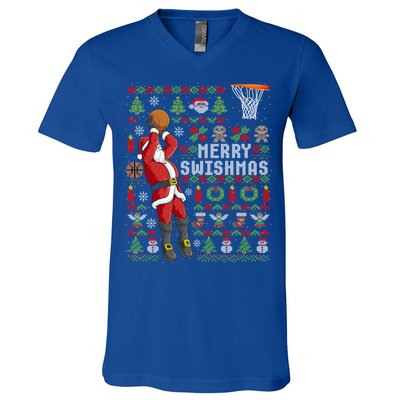 Funny Merry Swishmas Ugly Christmas Basketball Christmas Gift V-Neck T-Shirt