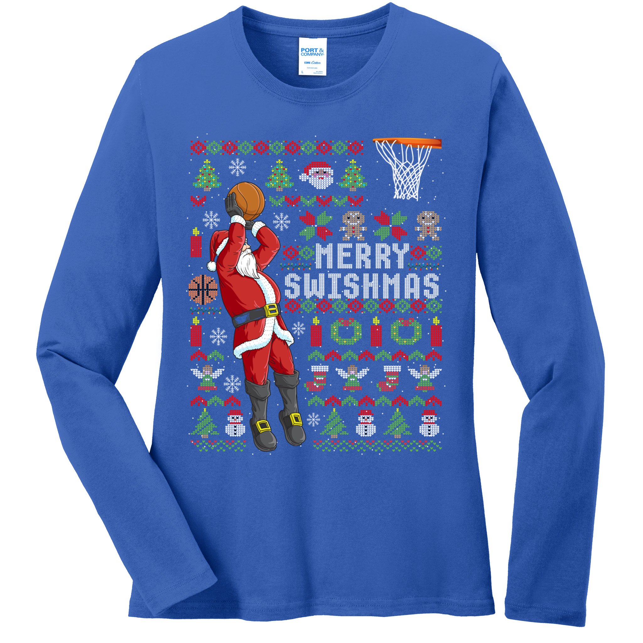 Funny Merry Swishmas Ugly Christmas Basketball Christmas Gift Ladies Long Sleeve Shirt