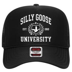 Funny Meme School Bird Silly Goose University Design High Crown Mesh Back Trucker Hat