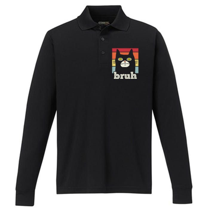 Funny Meme Saying Bruh With Cat Greetings Performance Long Sleeve Polo