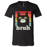 Funny Meme Saying Bruh With Cat Greetings V-Neck T-Shirt