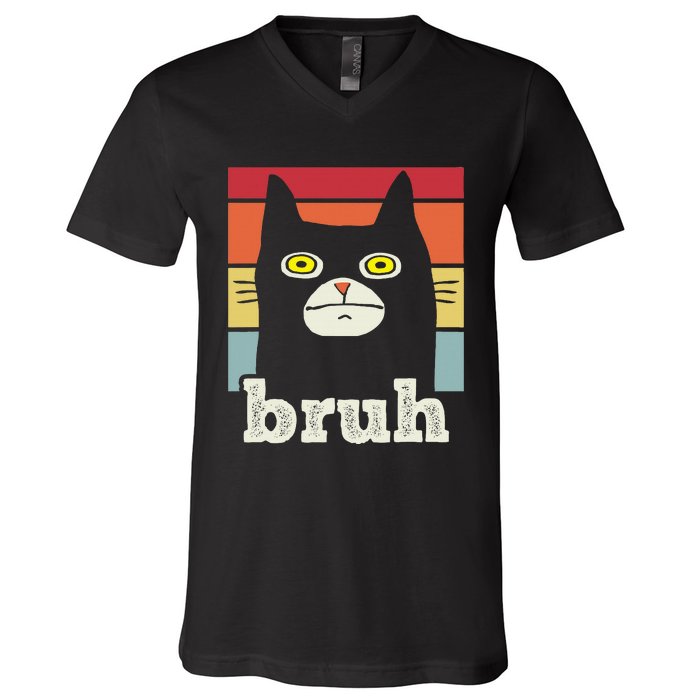 Funny Meme Saying Bruh With Cat Greetings V-Neck T-Shirt