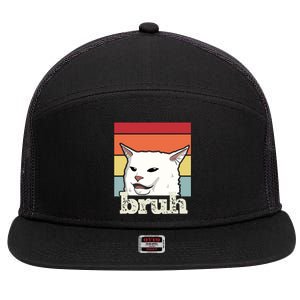 Funny Meme Saying Bruh With Cat Greetings 7 Panel Mesh Trucker Snapback Hat