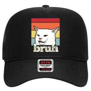 Funny Meme Saying Bruh With Cat Greetings High Crown Mesh Back Trucker Hat