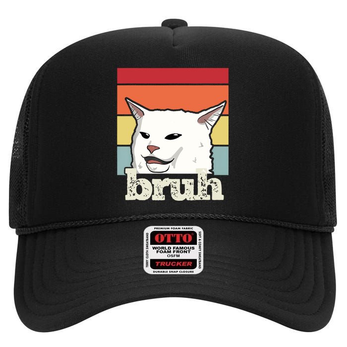 Funny Meme Saying Bruh With Cat Greetings High Crown Mesh Back Trucker Hat