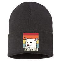 Funny Meme Saying Bruh With Cat Greetings Sustainable Knit Beanie