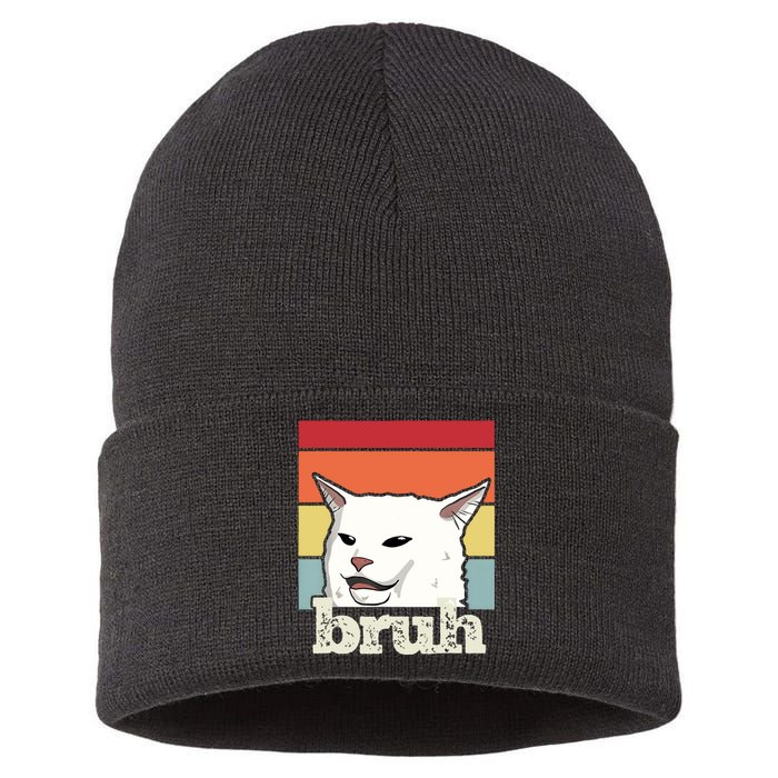 Funny Meme Saying Bruh With Cat Greetings Sustainable Knit Beanie