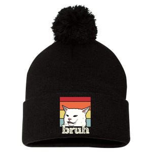 Funny Meme Saying Bruh With Cat Greetings Pom Pom 12in Knit Beanie