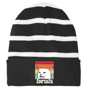 Funny Meme Saying Bruh With Cat Greetings Striped Beanie with Solid Band