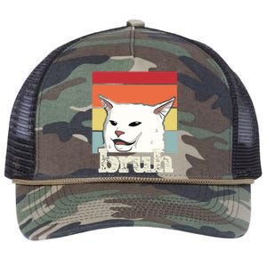 Funny Meme Saying Bruh With Cat Greetings Retro Rope Trucker Hat Cap