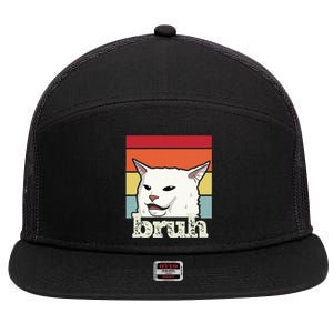 Funny Meme Saying Bruh With Cat Greetings Ns 7 Panel Mesh Trucker Snapback Hat