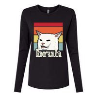 Funny Meme Saying Bruh With Cat Greetings Ns Womens Cotton Relaxed Long Sleeve T-Shirt