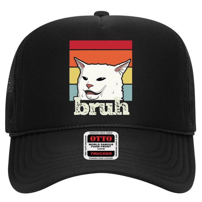 Funny Meme Saying Bruh With Cat Greetings Ns High Crown Mesh Back Trucker Hat