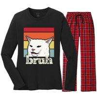 Funny Meme Saying Bruh With Cat Greetings Ns Women's Long Sleeve Flannel Pajama Set 