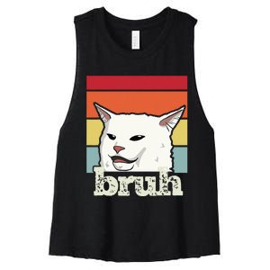 Funny Meme Saying Bruh With Cat Greetings Ns Women's Racerback Cropped Tank