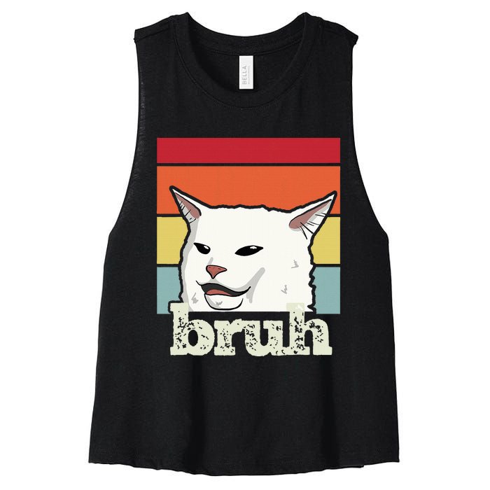 Funny Meme Saying Bruh With Cat Greetings Ns Women's Racerback Cropped Tank