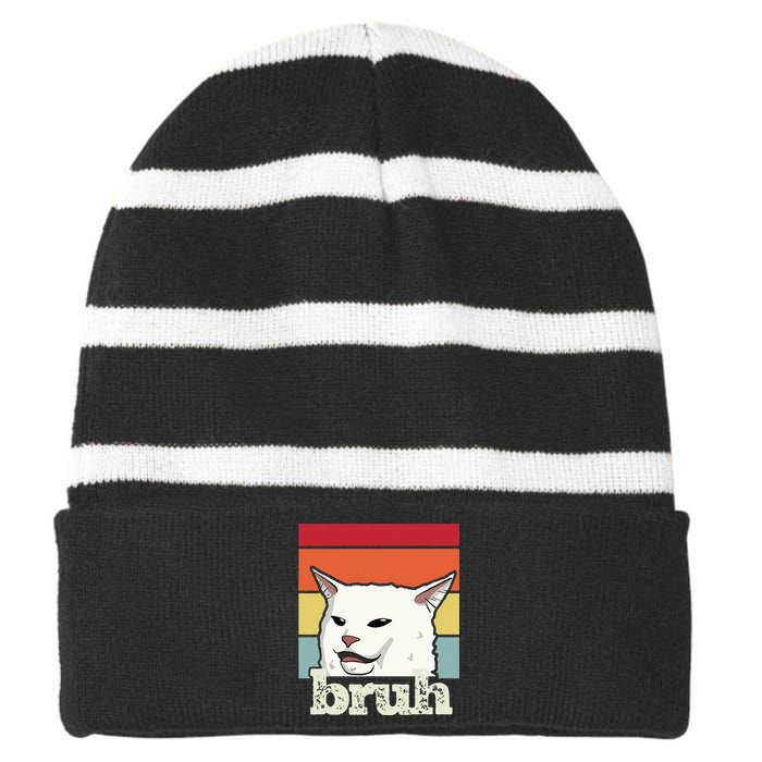 Funny Meme Saying Bruh With Cat Greetings Ns Striped Beanie with Solid Band