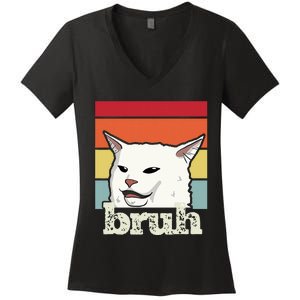 Funny Meme Saying Bruh With Cat Greetings Ns Women's V-Neck T-Shirt