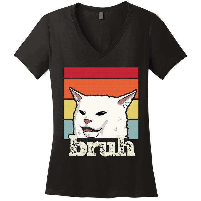 Funny Meme Saying Bruh With Cat Greetings Ns Women's V-Neck T-Shirt