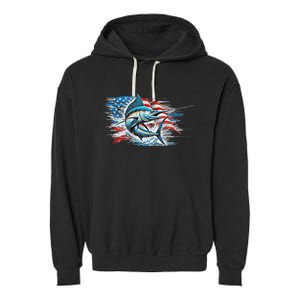 Fishing Marlin Swordfish Fish 4th Of July American Flag Usa Garment-Dyed Fleece Hoodie