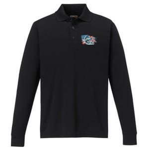 Fishing Marlin Swordfish Fish 4th Of July American Flag Usa Performance Long Sleeve Polo