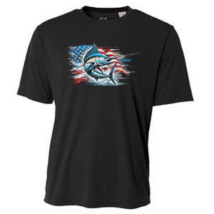 Fishing Marlin Swordfish Fish 4th Of July American Flag Usa Cooling Performance Crew T-Shirt