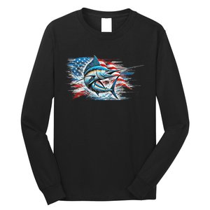 Fishing Marlin Swordfish Fish 4th Of July American Flag Usa Long Sleeve Shirt