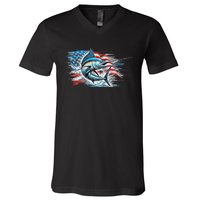 Fishing Marlin Swordfish Fish 4th Of July American Flag Usa V-Neck T-Shirt