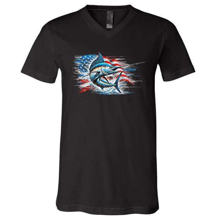 Fishing Marlin Swordfish Fish 4th Of July American Flag Usa V-Neck T-Shirt