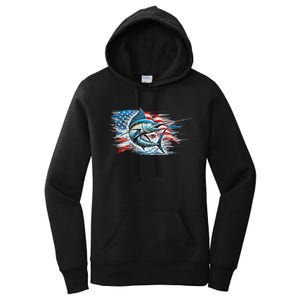 Fishing Marlin Swordfish Fish 4th Of July American Flag Usa Women's Pullover Hoodie