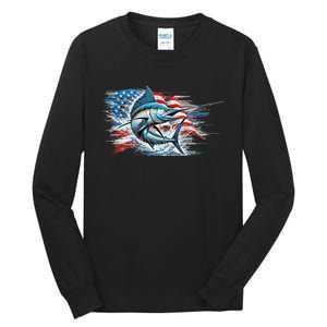 Fishing Marlin Swordfish Fish 4th Of July American Flag Usa Tall Long Sleeve T-Shirt