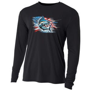 Fishing Marlin Swordfish Fish 4th Of July American Flag Usa Cooling Performance Long Sleeve Crew