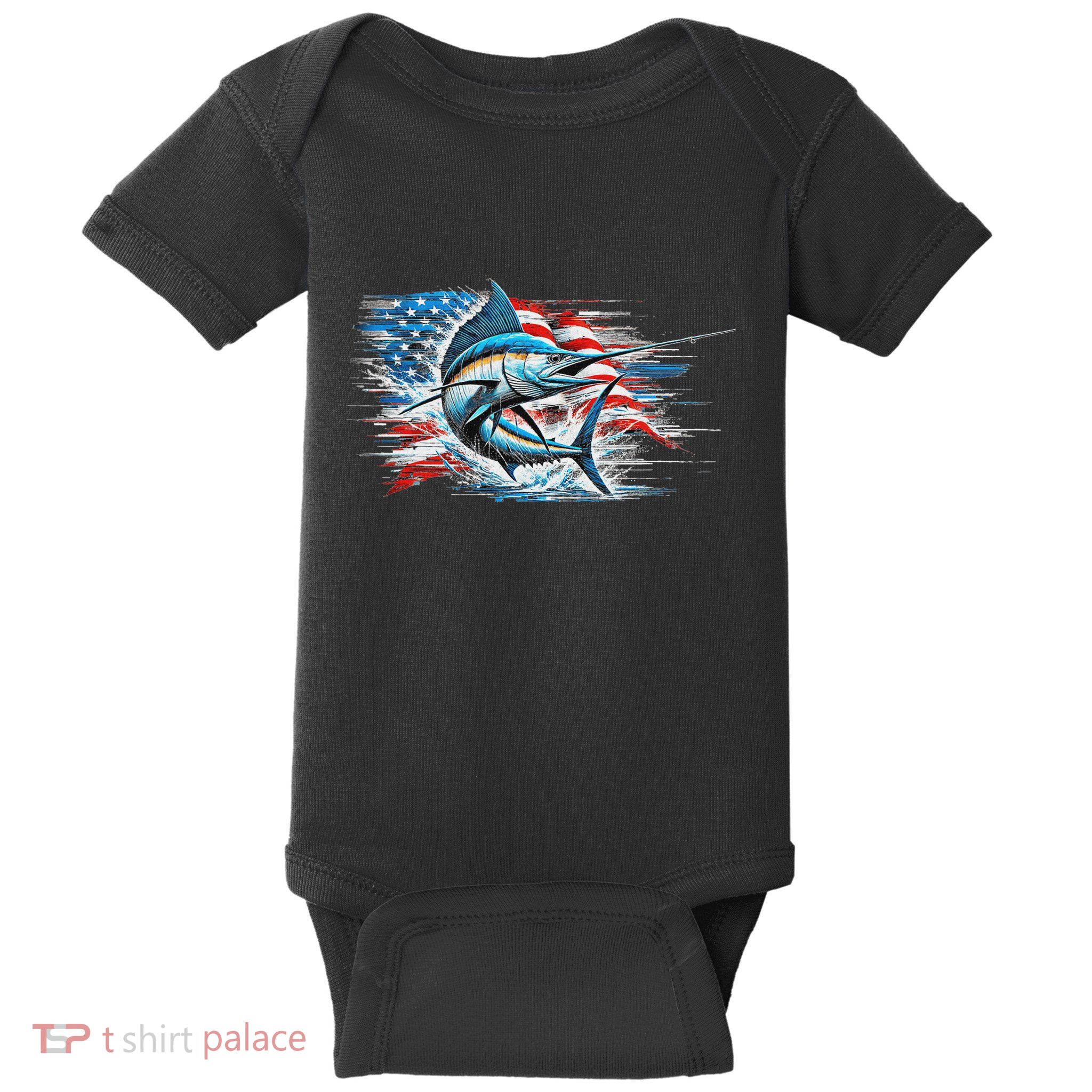 Fishing Marlin Swordfish Fish 4th Of July American Flag Usa Baby Bodysuit