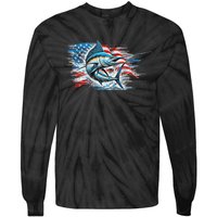 Fishing Marlin Swordfish Fish 4th Of July American Flag Usa Tie-Dye Long Sleeve Shirt