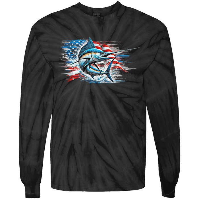 Fishing Marlin Swordfish Fish 4th Of July American Flag Usa Tie-Dye Long Sleeve Shirt