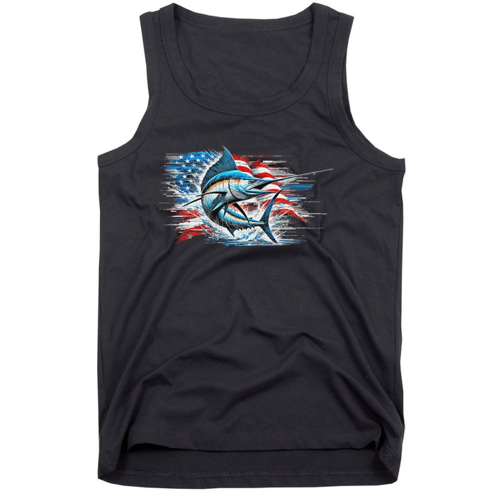 Fishing Marlin Swordfish Fish 4th Of July American Flag Usa Tank Top