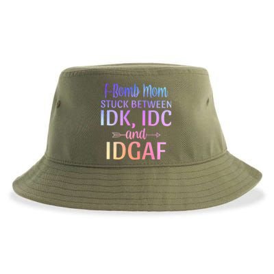 Fgiftbomb Mom Stuck Between Idk Idc And Idgaf Sarcastic Momlife Cool Gift Sustainable Bucket Hat