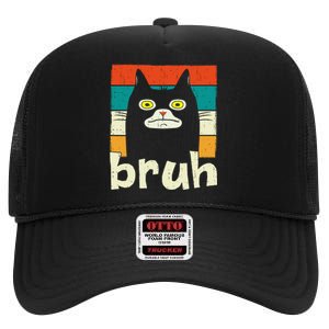 Funny Meme Saying Bruh With Cat Greetings Teens High Crown Mesh Back Trucker Hat