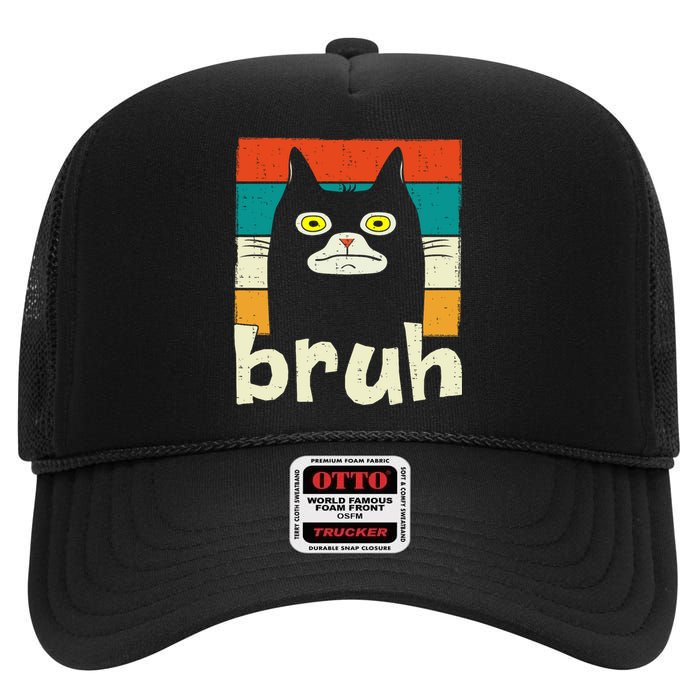 Funny Meme Saying Bruh With Cat Greetings Teens High Crown Mesh Back Trucker Hat