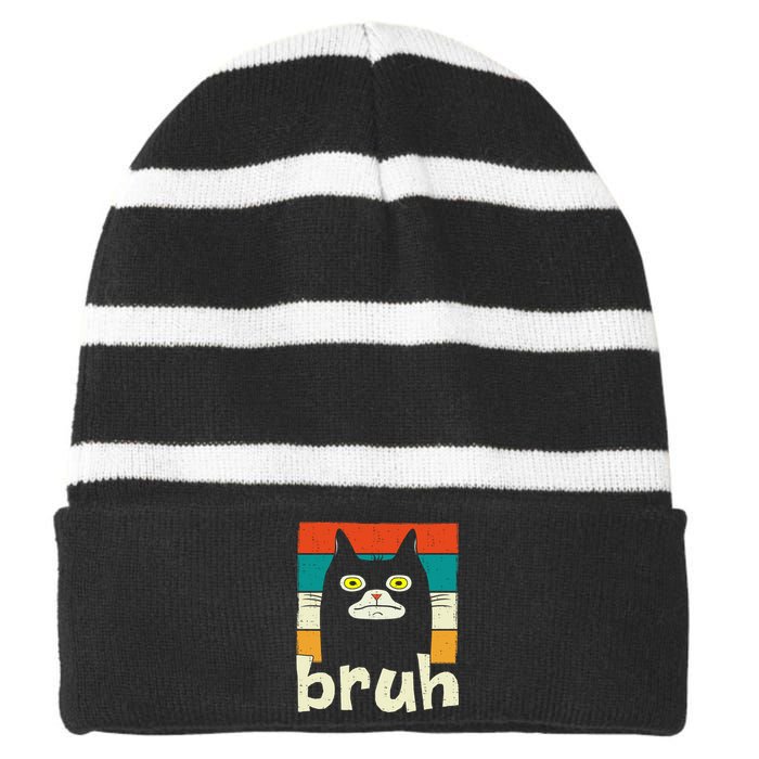 Funny Meme Saying Bruh With Cat Greetings Teens Striped Beanie with Solid Band