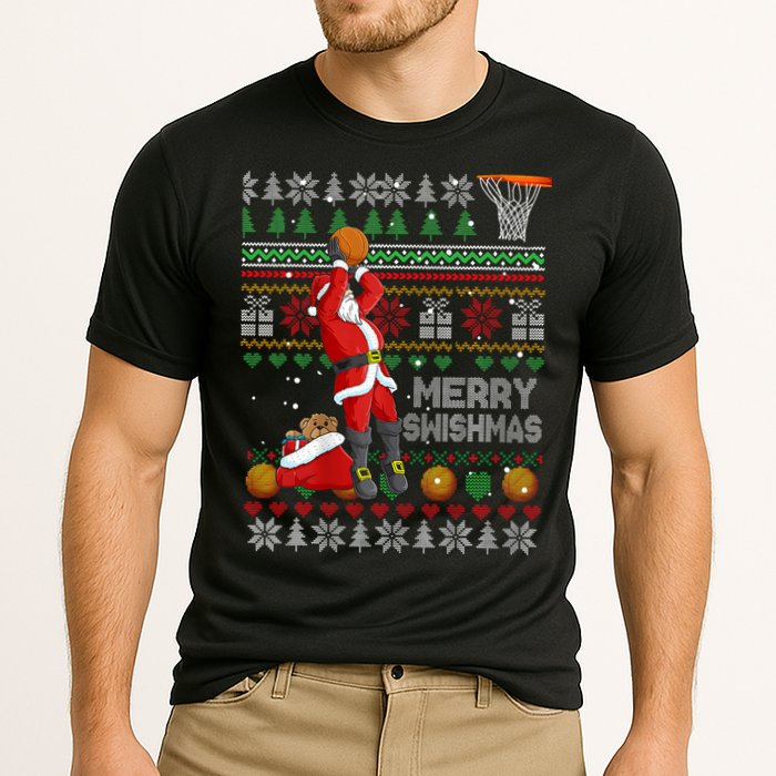 Funny Merry Swishmas Christmas Santa Playing Basketball Cooling Performance Crew T-Shirt