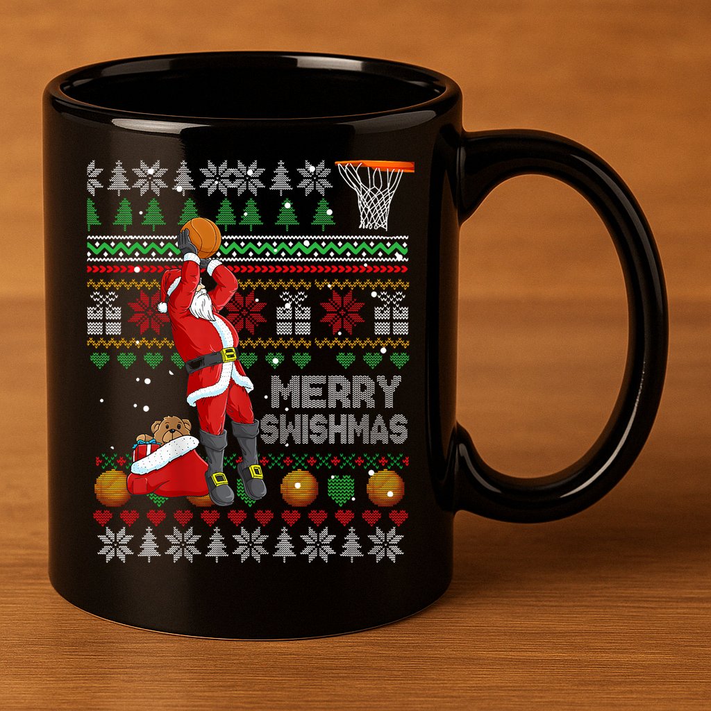 Funny Merry Swishmas Christmas Santa Playing Basketball 11oz C Handle Ceramic Mug