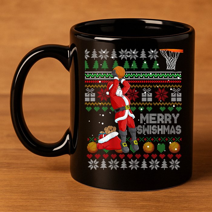 Funny Merry Swishmas Christmas Santa Playing Basketball 11oz C Handle Ceramic Mug